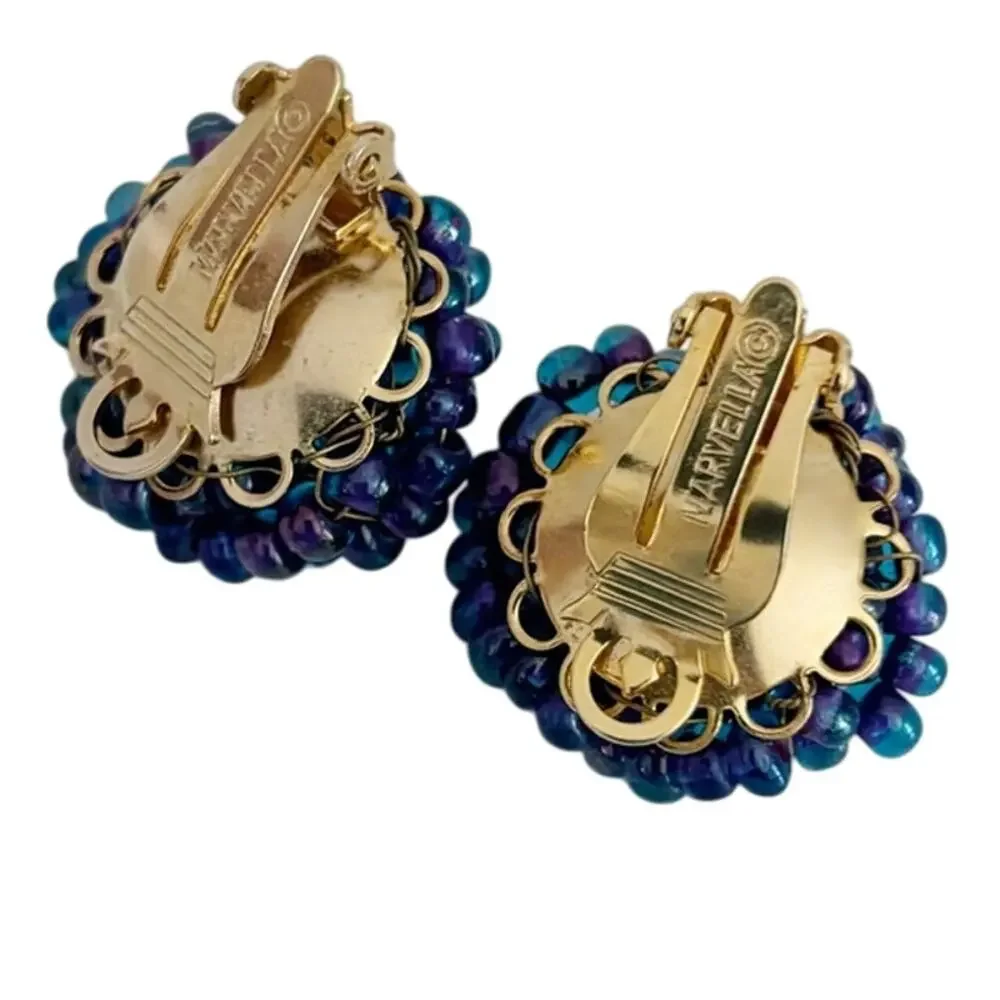 Vintage Marvella Clip Earring and Double Necklace Set Blue Seed Bead